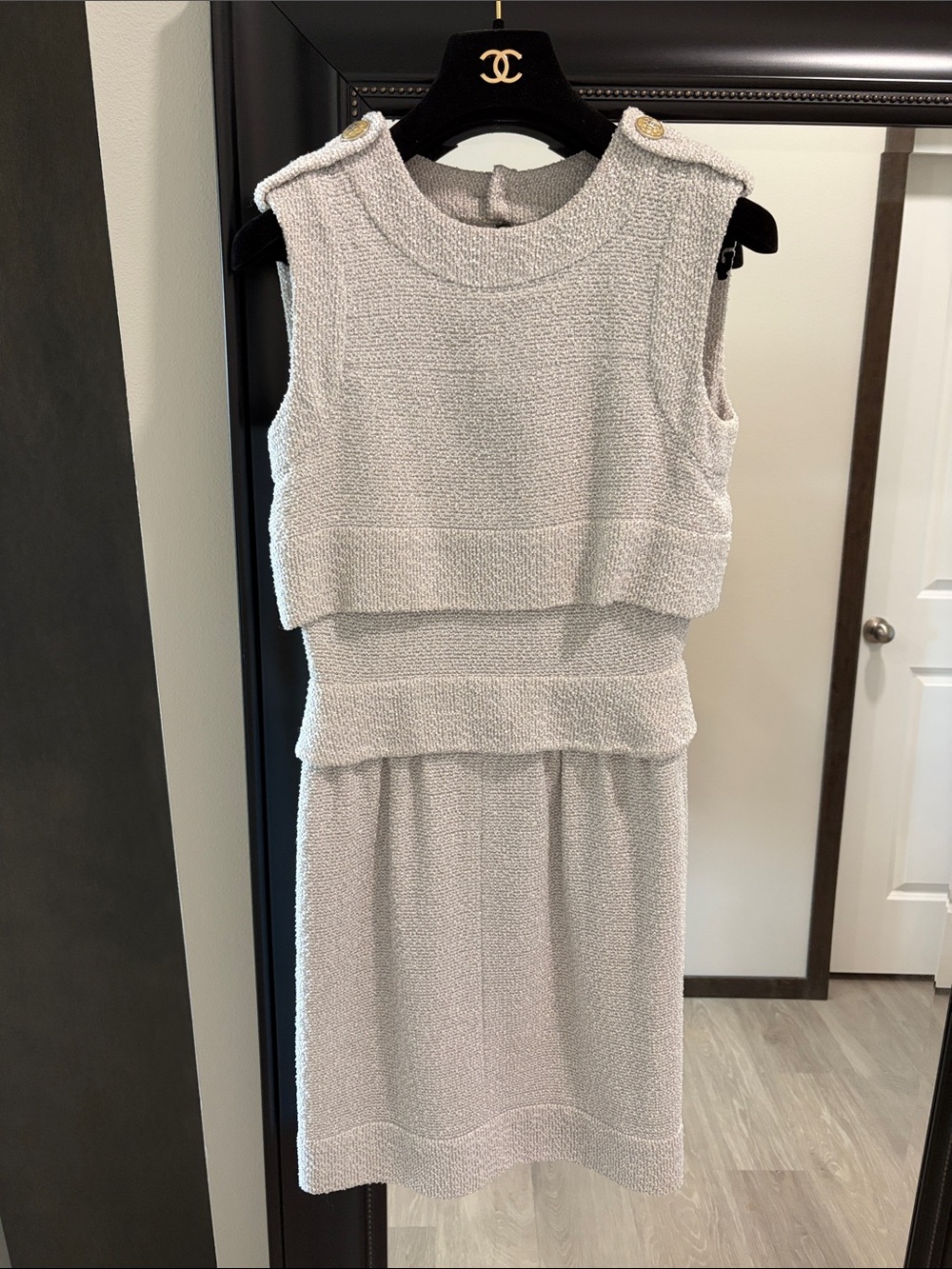 CHANEL Cream Sleeveless Textured Midi Dress with Gold-Tone Shoulder Buttons
